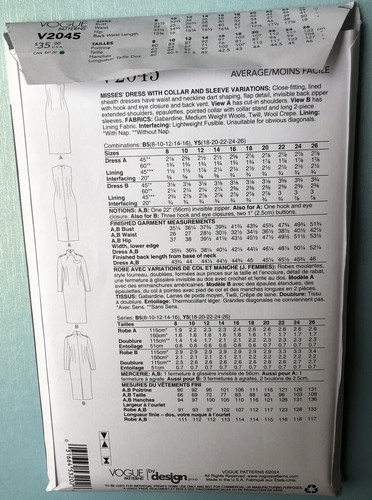 Vogue Pattern 2045. Lined Dress W/back Vent &Flap Detail Sizes 8-16 Uncut - Picture 2 of 2