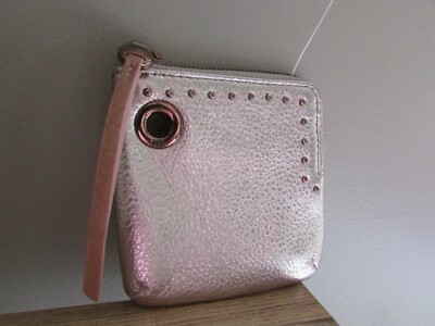 Hobo rose pink metallic zip fringe 1/4 zip around studded coin case bag purse-NW