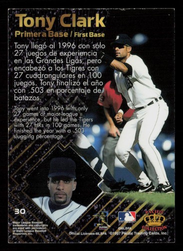 1997 Pacific Prism Invincible Tony Clark #30 Detroit Tigers Baseball Card - Picture 2 of 2