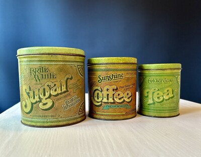 Vintage Canister 3pc Set Nesting Tins Flour, Sugar & Golden Leaf Tea