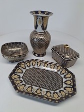 Nice Gold/blue Vase And Dish Lot