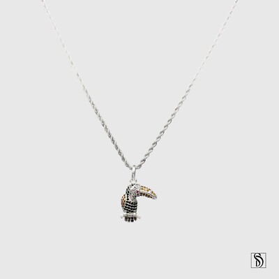 Exotic Toucan Bird Gemstone Pendant Necklace Premium Sterling Silver Charm Gift