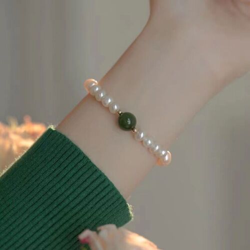 New 18k Gold Plated Green Glass Pearl Beaded Bracelet Womens Jewelry Accessories - Picture 1 of 22