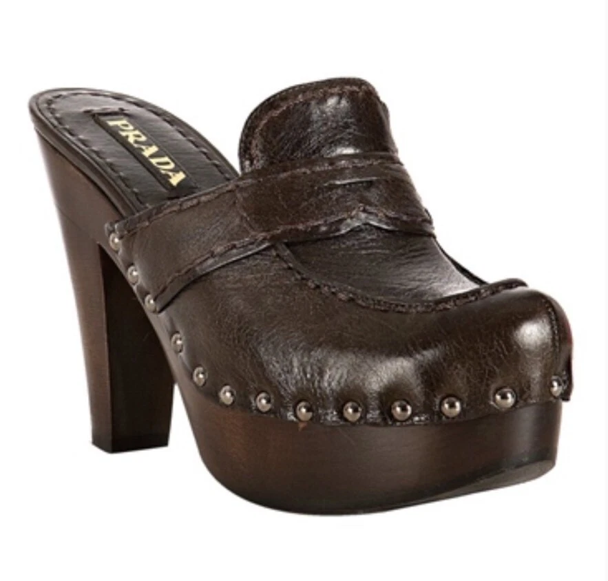 PRADA Studded Platform Loafer Clogs Mules Heels Sz 36 💯Authentic