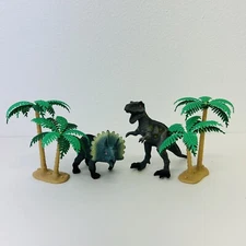 Dinosaur Toy Action Figure 6" T-Rex Tyrannosaurus, 5.5" Triceratops, 2 Palm Tree