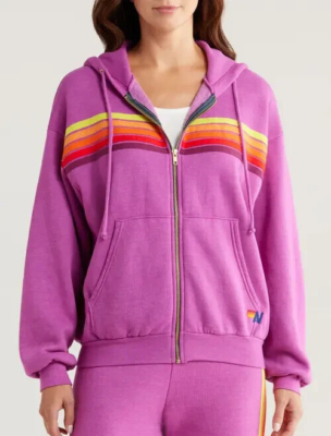 AVIATOR NATION 5-STRIPE ZIP HOODIE MAGENTA/ORANGE YELOW WOMEN'S