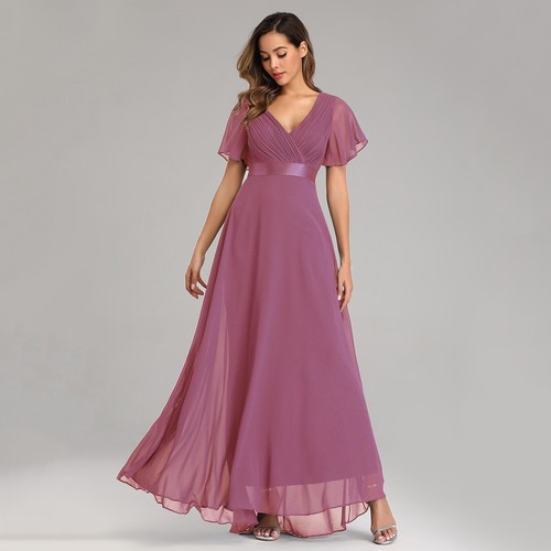 Plus Size Women's V-neck Flared Sleeve Elastic Chiffon Banquet Bridesmaid Dress - Picture 3 of 43