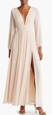 Love By Design Iris Plunge Neck Long Sleeve Maxi Dress in Champagne Size Small