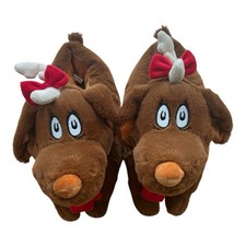AE American Eagle Grinch Max Dog Plush Christmas Slippers 3D Reindeer Horn M/L
