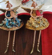 2 - Angel Ornaments floral Dress with glitter, Long legs Holding Heart Christmas