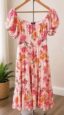 Trixxi Pink Floral Square Neck Smocked Puff Sleeve Midi Dress Womens M