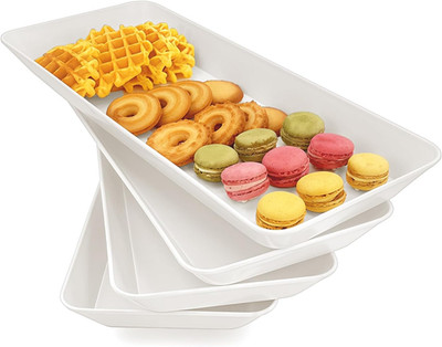 4Pcs Rectangular Serving Trays Long White Plastic Food Platters 16x6 Inch