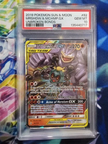 Pokemon Unbroken Bonds Marshadow & Machamp GX 82/214 PSA 10 TAG TEAM Holo