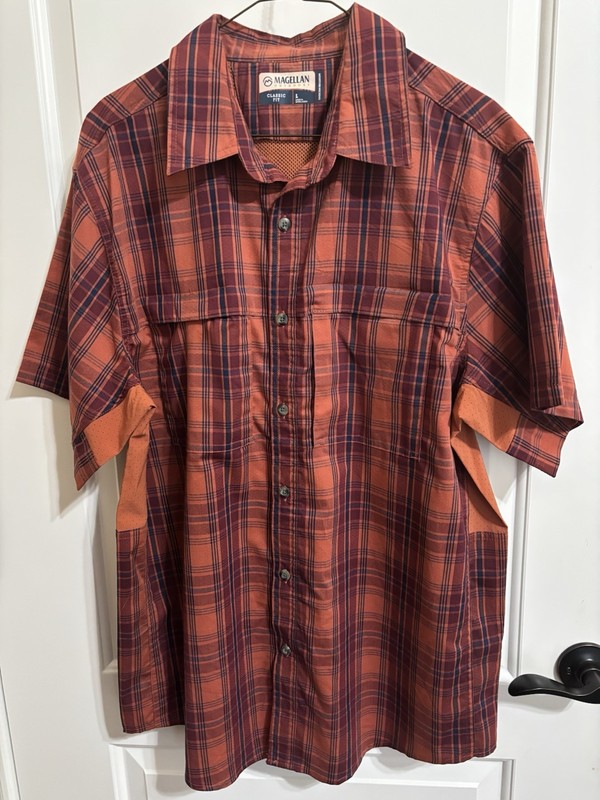 Men's Plaid Orange Magellan Outdoors Classic Fit Moisture Wicking Shirt Size L