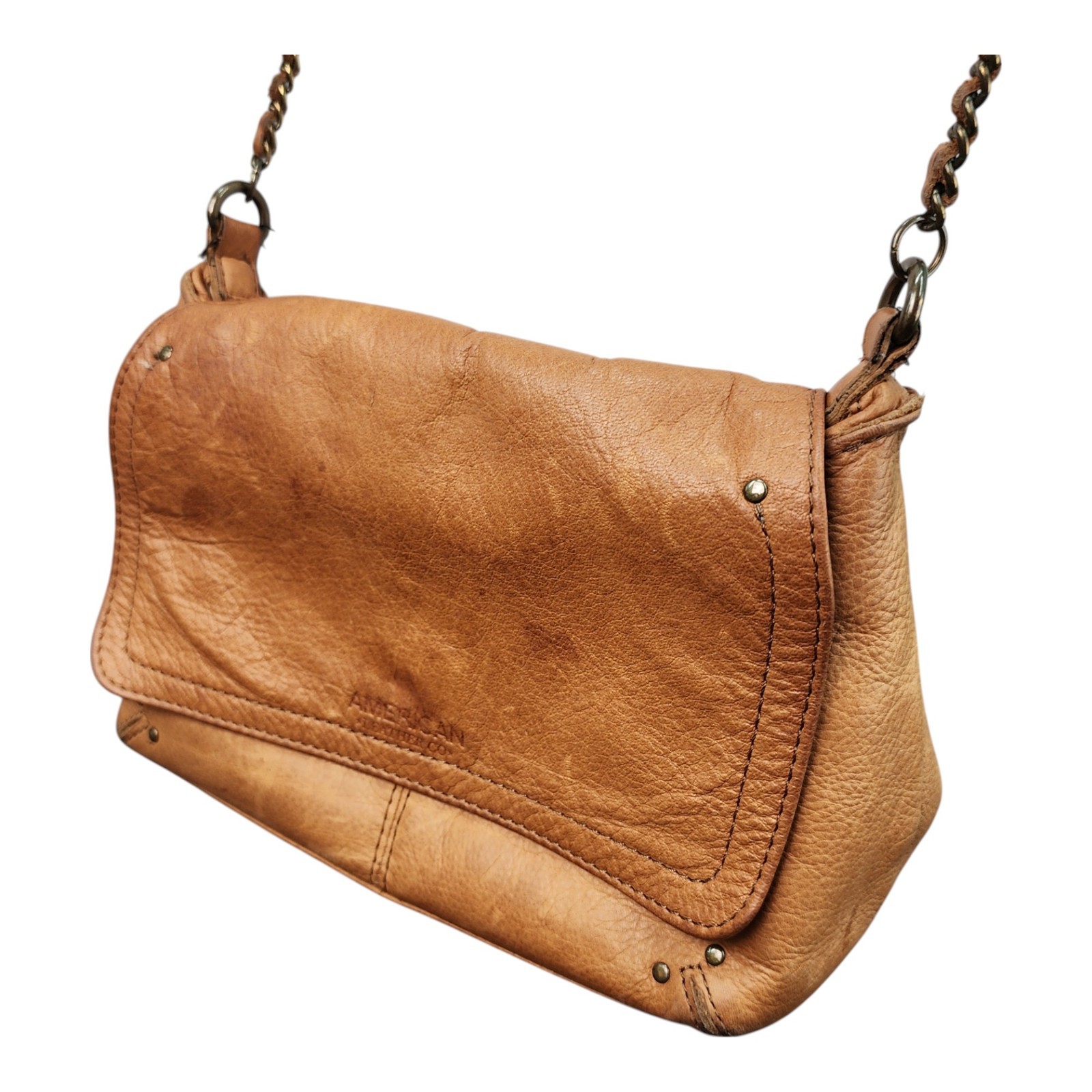 American Leather Co Brown Crossbody Bag Leather Strap Chain Shoulder Purse FLAWS