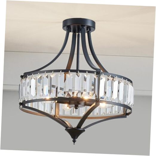 Rustic Round Crystal Semi Flush Mount Farmhouse Ceiling Light for Dining Room