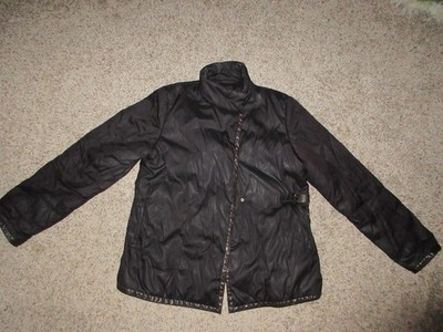 JIL SANDER BLACK DOWN PUFER JACKET WOMEN SZ 40 MEDIUM SNAP FRONT LEATHER TRIM