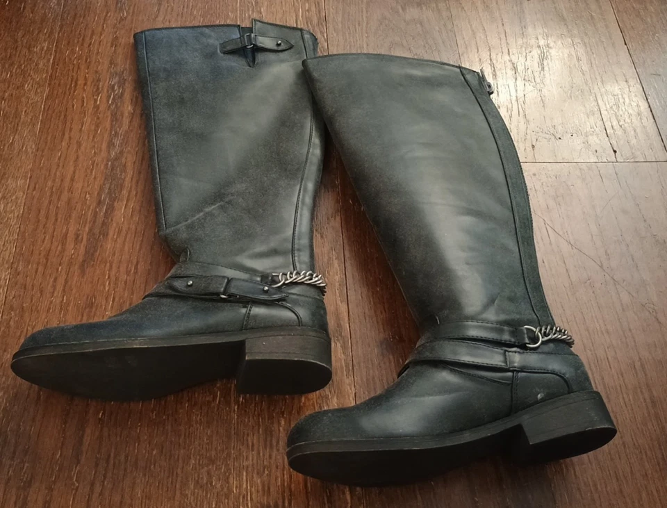 RAMPAGE Imeria DISTRESSED Negro Motociclista Moto Botas hasta la Rodilla Acentos de Cadena Cremallera Trasera 6.5 Foto 4 de 4