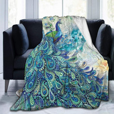 Peacock  Vintage Botanical Flannel Fleece Throw - Ultra Soft, Cozy, Warm  Ligh