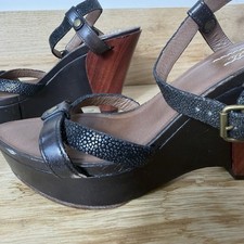 UGG Collection Leather Platform Heeled Sandals Black UK 6 Wooden Heel Shoes