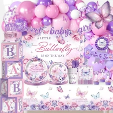 Butterfly Baby Shower Party Supplies Tableware and Decorations Set - Pink Purple