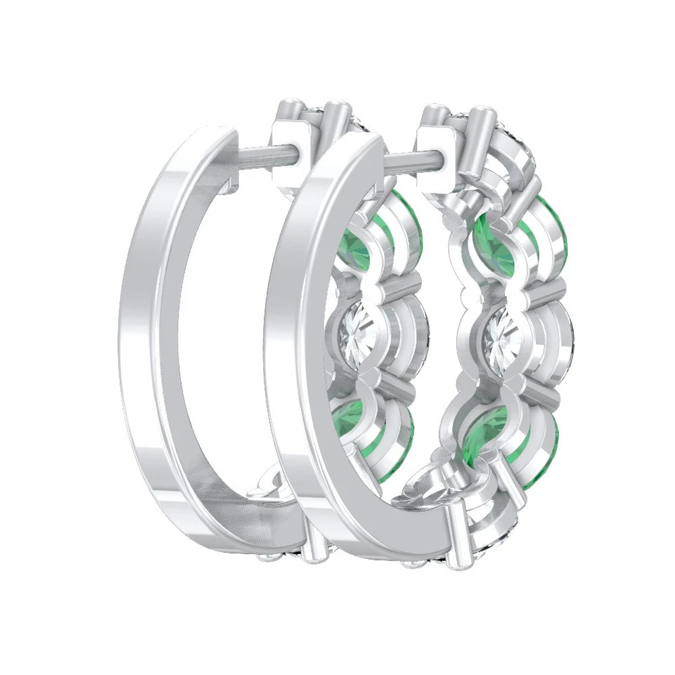 Natural Emerald & Lab Grown Diamond Hoop Earrings 14K White Gold 2.09gm - Image 4 of 4