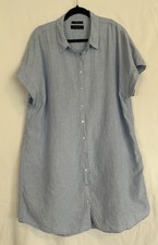 Tahari 100% Luxe Linen Tunic/Shift Dress Short Sleeve Collar Blue Button Down