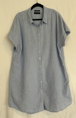 Tahari 100% Luxe Linen Tunic/Shift Dress Short Sleeve Collar Blue Button Down