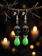 Handmade Black Skull  Green Teardrop Dangle Earrings Silver Fishhooks Halloween