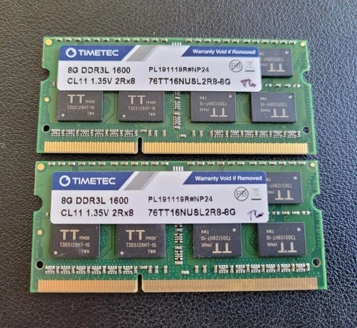 16GB Total of Timetec PC3L-12800S  2 sticks of 8GB each = 16GB Laptop Memory