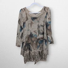 TEMPO PARIS Top Brown Blue Layered Artsy Floral Lace Tunic Size Medium