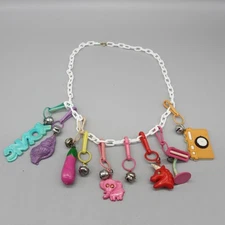 Vintage Bell Charm Necklace Shell Unicorn Elephant Lamp White Chain 24 Inch