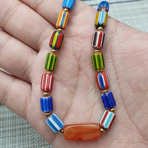 Vintage Multicolor Venetian African Style Chevron Beaded Necklace