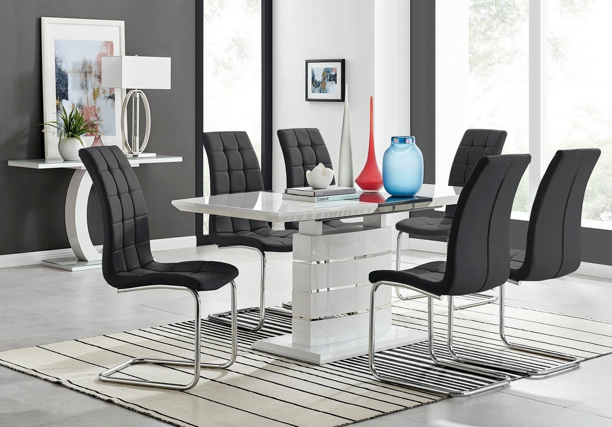 RENATO 120cm White Gloss Extending Dining Table 4 6 Faux Leather Murano Chairs