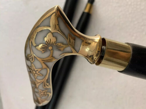 Antique Vintage Victorian Style Designer Brass Handle Wooden Walking Stick Cane