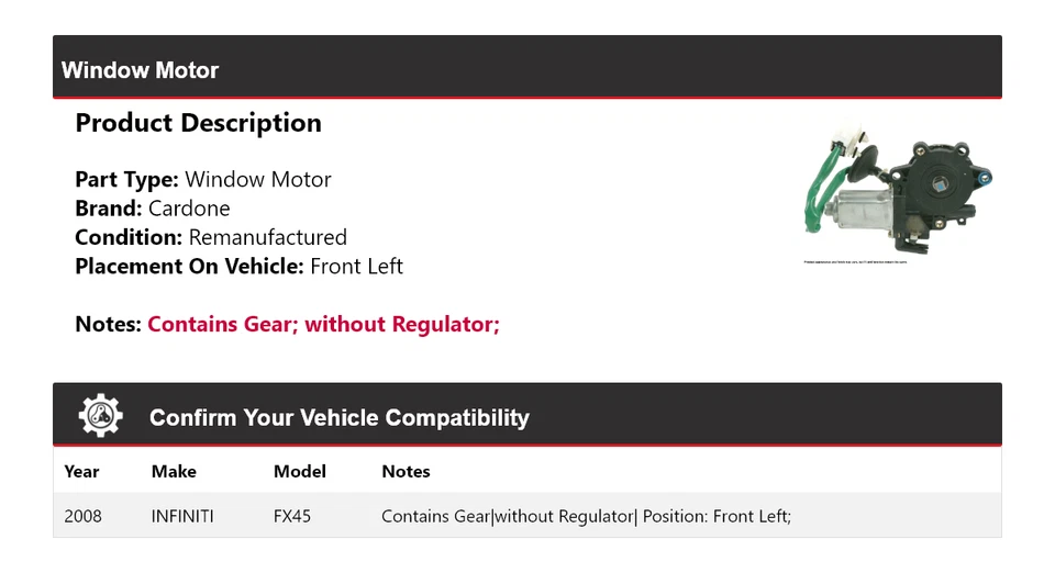 Motor de ventana delantero izquierdo Cardone Infiniti FX45 2008 Foto 2 de 4