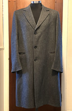 Vintage Enfield Mens Long Outer Coat Gray Herringbone Tweed Dress Trench