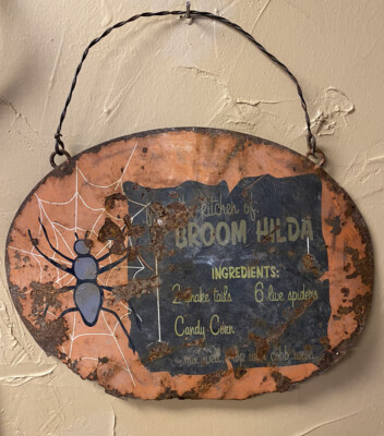 HALLOWEEN BROOM HILDA METAL SIGN,VINTAGE,ORIGINAL,1970s,SPIDER WEB,HANGING,CANDY