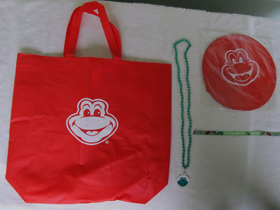 Senior Frog 4 piece lot  Red Tote,  Red Fan, Green Mardi Gras Bead, & Wrist Band