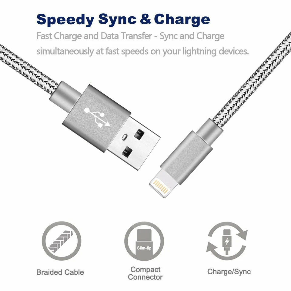 3-Pack 10ft Fabric Gray Cable Heavy Duty Charger Charging Cord For Phone 7 8 X - Image 2 of 4
