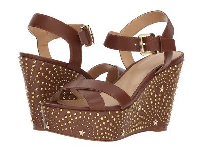 New $295 Michael Michael Kors Dark Caramel Sia Firework Star Detail Wedge Sandal