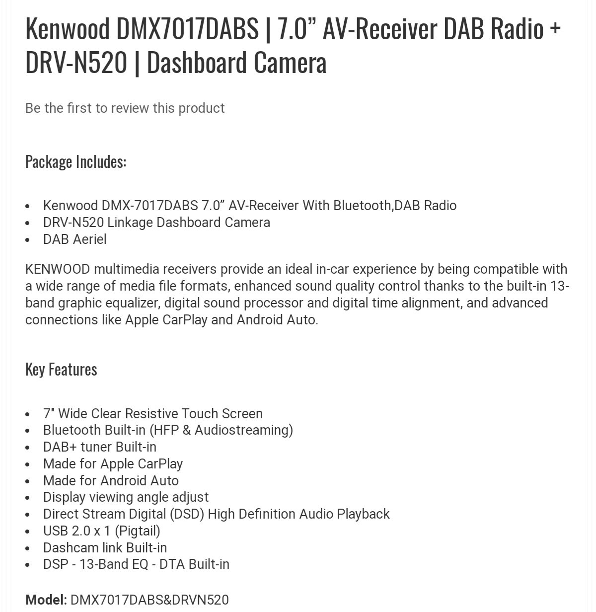 Kenwood DMX7017DABS 7inch Apple CarPlay Bluetooth Car Stereo AV