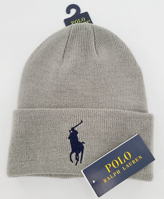 Polo Ralph Lauren Mens Big Pony Navy Winter Cuffed Hat Beanie Light Olive NEW