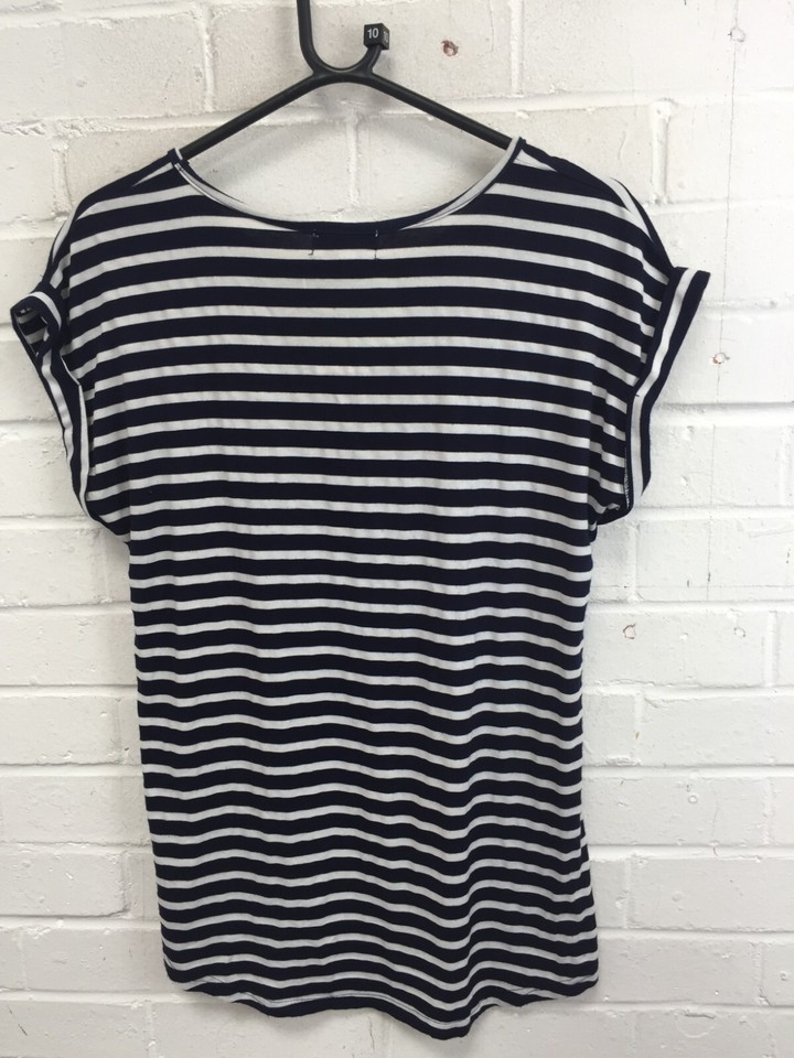 Apricot Navy/White Striped Short Sleeve Crew Neck Top Size UK 10 CEG
