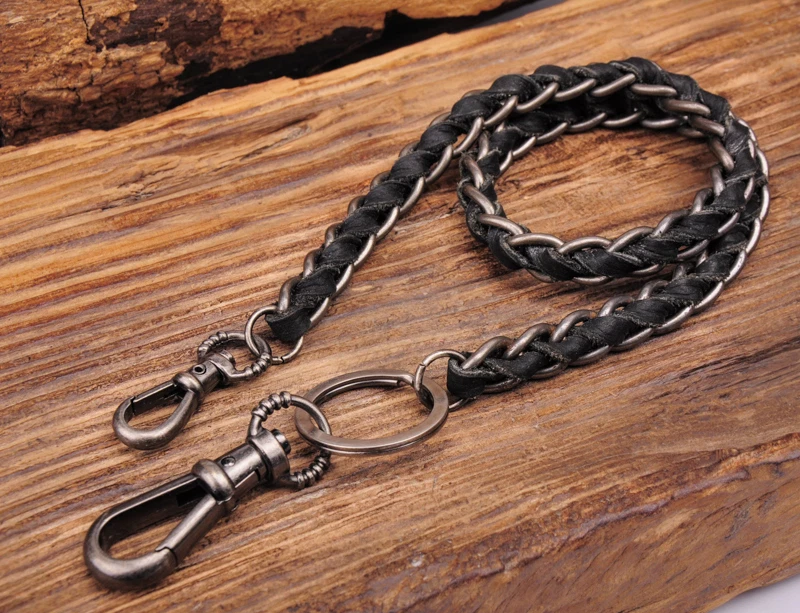 Llaveros tipo billetera C49 de cuero trenzado negro y metal balancín motociclista jean llavero Foto 3 de 4