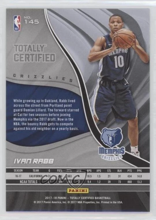 2017-18 Panini Totally Certified Rookies Gold /10 Ivan Rabb #145 Rookie RC - Image 2 of 2