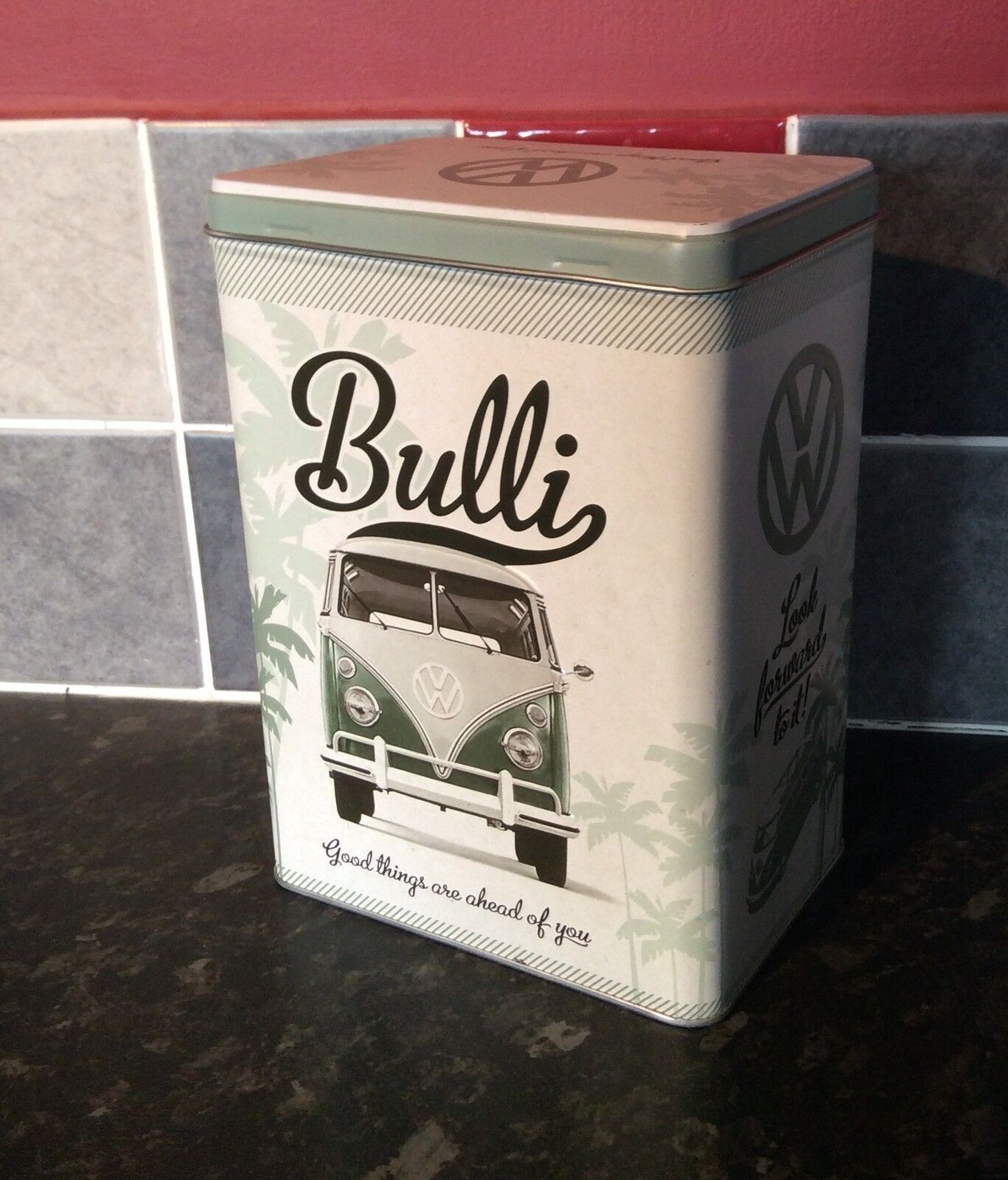 Volkswagen Storage tin,  Good things are ahead of you design.  VW Campervan Tin