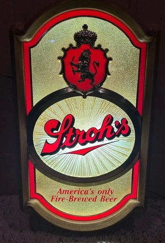 VINTAGE 1980'S STROH'S BEER LIGHTED SIGN-BAR-LION-ALE-AMERICA'S ONLY FIRE BREWED