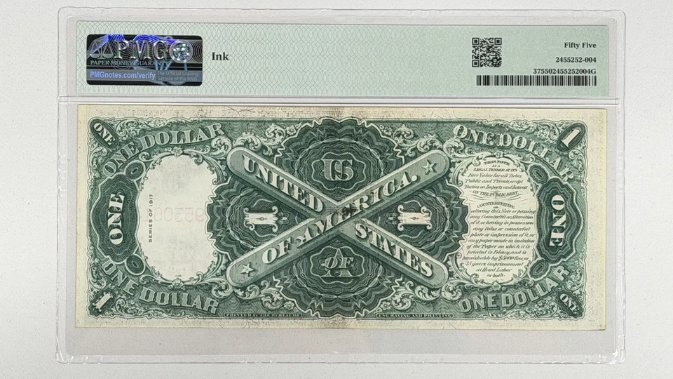 1917 $1 United States Note Legal Tender PMG AU55 Elliott/Burke US Banknote Fr 37 - Image 2 of 2