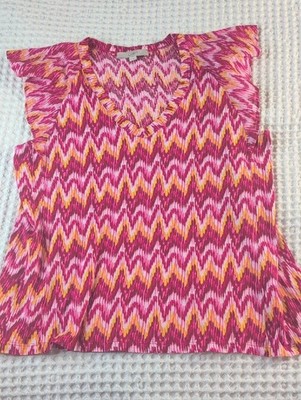 LOFT 100% Cotton Pink Chevron Flutter Sleeve V-Neck Shell with Yellow Accents